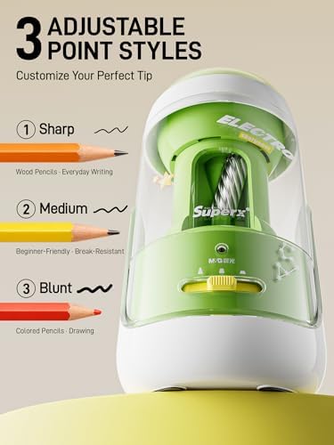 M&G S5 Electric Pencil Sharpener,Fully Automatic for 6.5–11mm No.2&Colored Pencil,Auto In&Out,3 Sharpness Modes,Type-C Rechargeable,Helical Blade,Cute Pencil Sharpener for School Classroom Home, Green