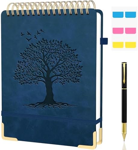 A4 Top Spiral Notebook, Tree Pattern Large Leather Hardcover Left Handed Journal, 240 Pages 100 Gsm Lined Paper Top Bound Steno Pads for Work, School, Travel Writing - Navy Blue, 8.5" x 11"