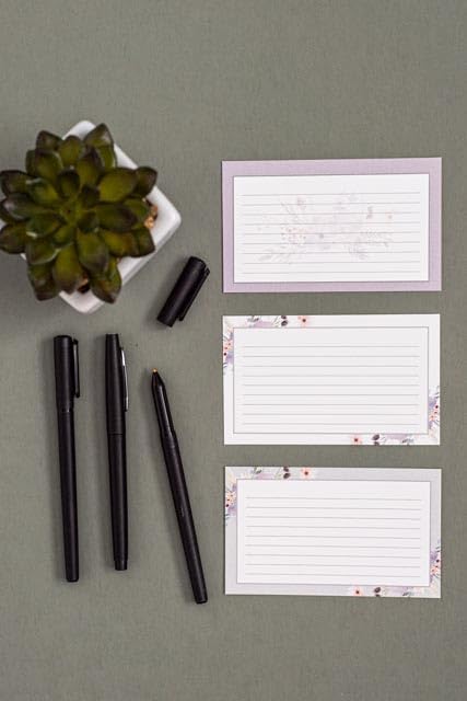 Floral Index Cards by Pure Print and Design | Floral Flash Cards Perfect For Study Sessions & Learning | 100 Cards of Premium Quality with 5 Different Designs | White, Purple and Gray | 3x5 inches