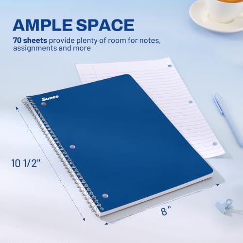 SUNEE Spiral Notebooks, 1-Subject, 24 Pack, Wide Ruled Paper, 8" x 10-1/2", 70 Sheets per Notebook, 3-Hole Punched Paper, Spiral Lined Notebooks for School, Work, Classic Colors