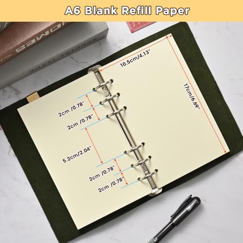 Beige A6 6-Hole Blank Loose Leaf Refill Paper-Fits A6 6-Ring Binder, 100GSM Thick No Bleed-through Sheets, Double Sided Writing for Fountain Pen & Gel Pen