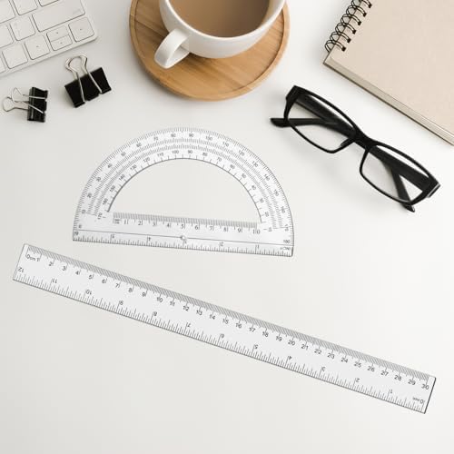 2 Packs 12 Inch Plastic Ruler and 6 Inch Plastic Protractor Set Clear Math Geometry Set Classroom Set Angle Detector School Supplies Classroom Ruler Home Office Drawings (Transparent)
