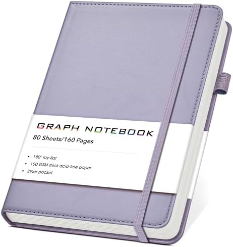A5 Leather Hardcover Graph Paper Notebook, 160 Pages (5 Squares/Inch), 180° Lay-Flat Binding, 100 GSM Thick Paper, for Math, Engineering, Students & Technical Work (Purple)