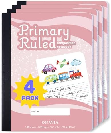 ONAVIA Pink Primary Composition Notebook 4 Pack, Picture Space, 200 Pages