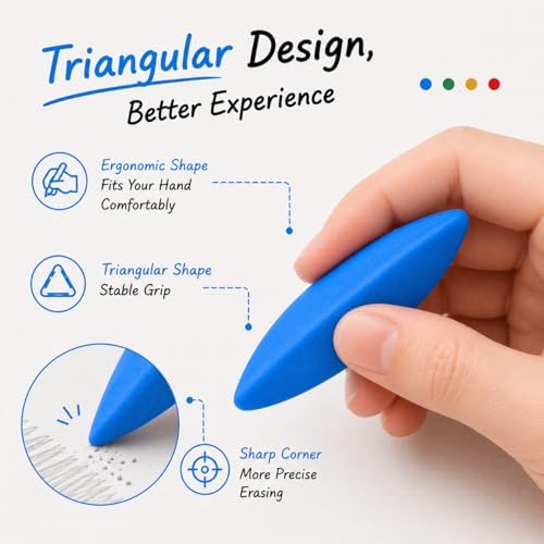 Triangular Erasers, Pencil Eraser with Clean Dust-Free Erasing, Ergonomic Grip Design, Erasers for Pencils, Rubber Eraser Colorful 8-Pack for Kids, School, Office & Home