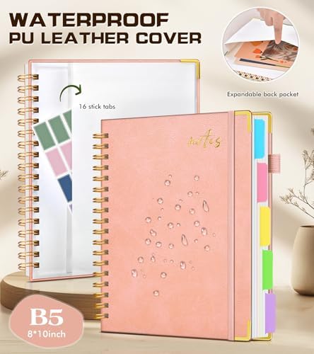 Hardcover Spiral Notebook Journal with Removable Dividers Tabs, 300 Pages Organizer Notebooks for Work School, Leather 5 Subject Notebook College Ruled, 8"x10" Large Lined Journal for Women，Pink