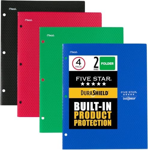 Five Star DuraShield Antimicrobial 2 Pocket Stay-Put Plastic Folders, 4 Count, Holds 11" x 8-1/2", Color May Vary (330010) (Pack of 6)