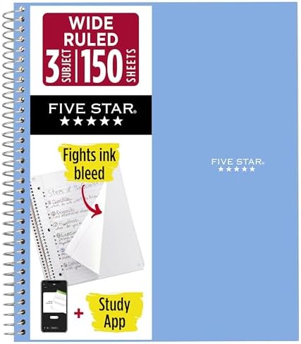 Five Star Spiral Notebook + Study App, 3 Subject, Wide Ruled Paper, 8" x 10-1/2", 150 Sheets, Fights Ink Bleed, Water Resistant Cover, Tidewater Blue (73184)
