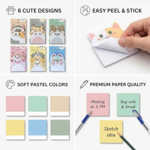 Cute Sticky Notes 6 Pack – 270 Sheets Mini Self Adhesive Memo Pads, Kawaii Cartoon Sticky Notes for Planner, School Supplies, Office Desk, Bookmark Tabs, Bear Cat Rabbit Pig Dog Penguin Shape