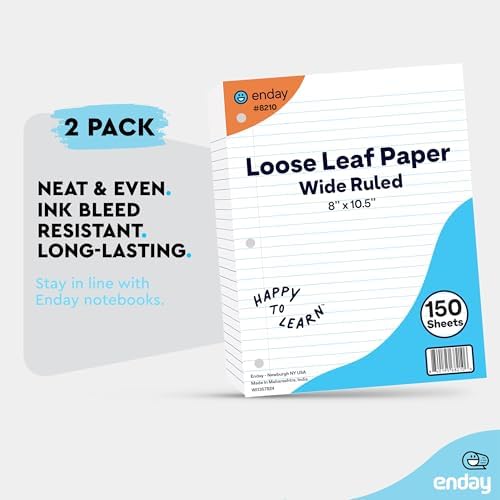Loose Leaf Paper Notebook Paper, 8" x 10.5" Filler Paper White, 3 Hole Punched Binder Paper for 3 Ring Binders, Lined Paper 150 Sheets Per Pack - By Enday