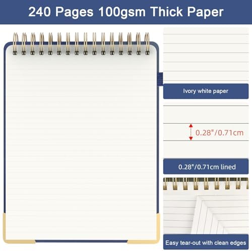 A4 Top Spiral Notebook, Tree Pattern Large Leather Hardcover Left Handed Journal, 240 Pages 100 Gsm Lined Paper Top Bound Steno Pads for Work, School, Travel Writing - Navy Blue, 8.5" x 11"