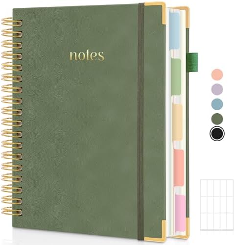 SKYDUE 5 Subject Notebook with Dividers and Tabs, 8" x 10" College Ruled Notebook for Work, 300 Pages Spiral Journal for Women, Green