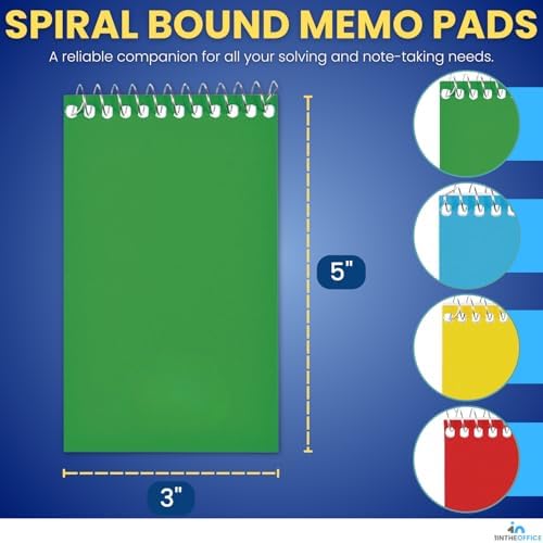 1InTheOffice Wirebound Spiral Memo Books, Memo Pads, 3" x 5", College Ruled, Small Notepad 3x5, Assorted, 75 Sheets/Pad, 25 Pads/Pack