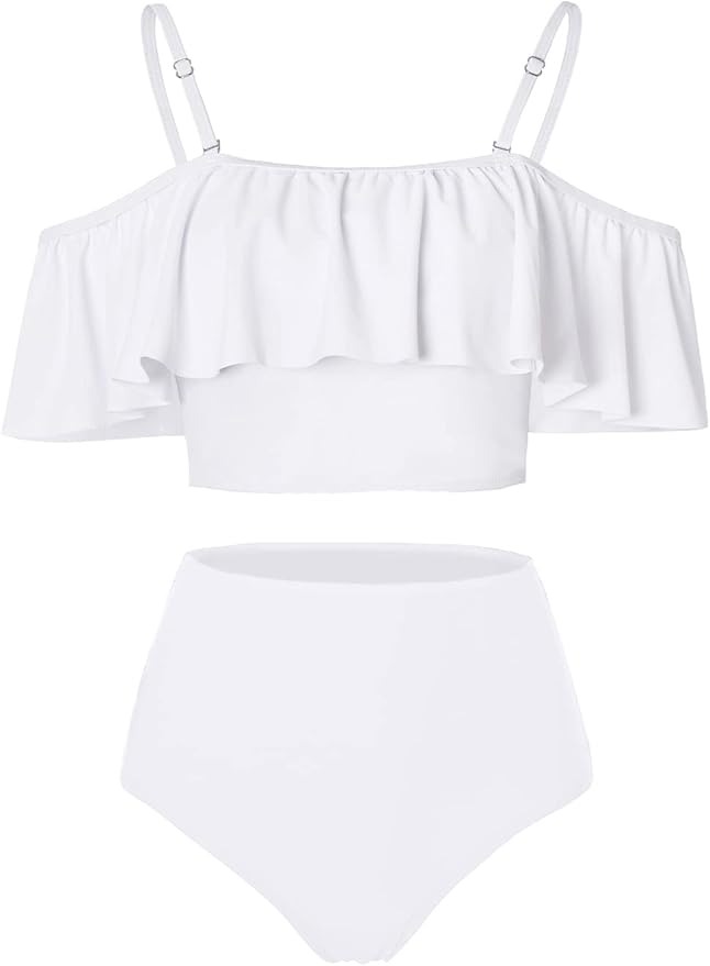 Kaei&Shi High Waisted Flounce Bikini Set,Tummy Control Swimsuits for Women,Off Shoulder