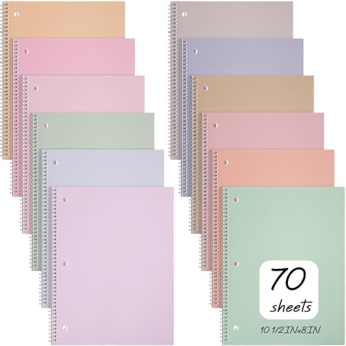 Teling 12 Pcs 1 Subject Spiral Notebook for Work College Ruled 8 x 10 1/2 Inch Spiral Journal Notebook 3 Hole Punched Paper Tear Line 70 Sheets Office School Study Supplies (Fresh Color)