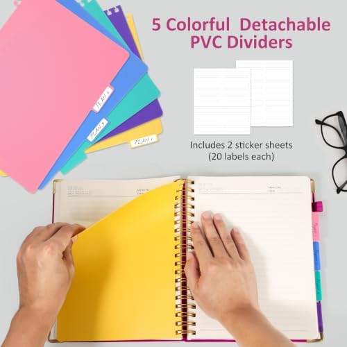 Hardcover Spiral Notebook Journal, 8"x10" Large B5 Notebooks with Removable Dividers Tabs, 300 Pages Leather 5 Subject Notebook College Ruled, Lined Journal for Women Work School Note Taking, Rose Red