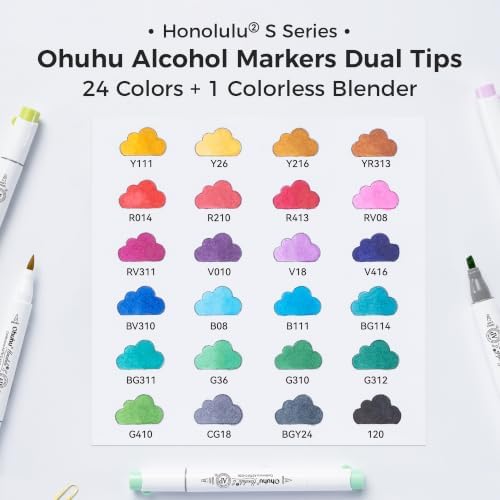 Ohuhu Alcohol Markers 24 Colors Brush& Soft Chisel AP Certified Refillable