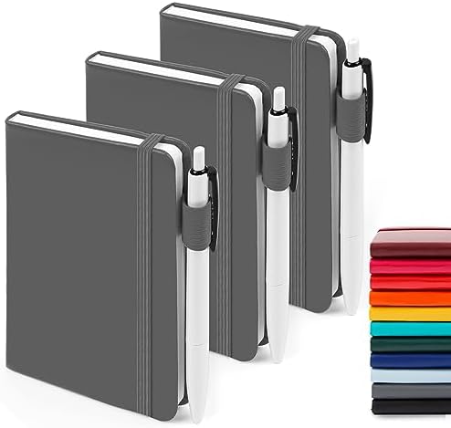 feela 3 Pack Pocket Notebook Journals with 3 Black Pens, A6 Mini Cute Small Journal Notebook Bulk Hardcover College Ruled Notepad with Pen Holder for Office School Supplies, 3.5”x 5.5”, Gray