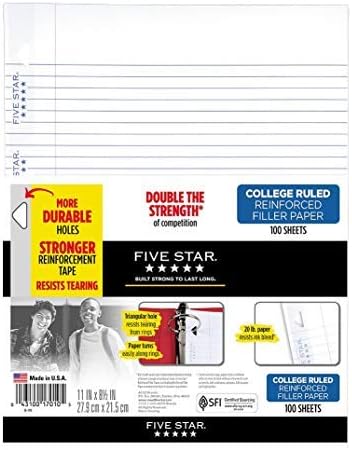 Five Star Reinforced Filler Paper, College Rule, 11 x 8 1/2, White, 100 Sheets (Pack of 6)
