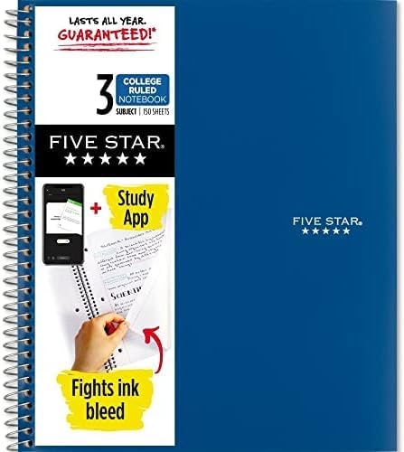 Five Star Spiral Notebook + Study App, 3 Subject, College Ruled Paper, 8.5" x 11", 150 Sheets, Blue (Color May Vary) (820003NH0), (Pack of 6)