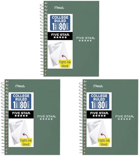 Five Star Spiral Notebook, 1 Subject, College Ruled Paper, 7" x 4-3/8", Personal Size, 80 Sheets, Green (450048CH1-ECM) (Pack of 3)
