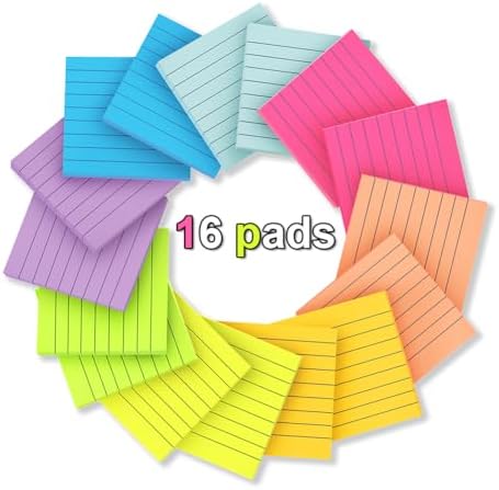 (16 Pack) Lined Sticky Notes 3x3 in Ruled Stickies,Bright Colors
