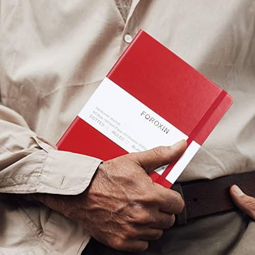 Grid Journal Bullet Notebook - Red Leather Cover, 8.3 x 5.7Inch, 160 Pages, 100gsm Paper, Hardcover with Inner Pocket, Elastic Closure and Ribbon Bookmark, Great for Women and Men