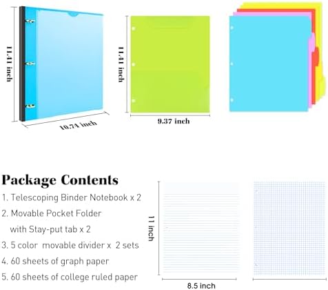 INFUN All-in-one Telescoping Binder Notebook - 2PCS, Refillable 3 Ring Notebook Binder with 1 plastic movable pocket folder,5 plastic subject dividers and graph paper and college ruled paper - Blue