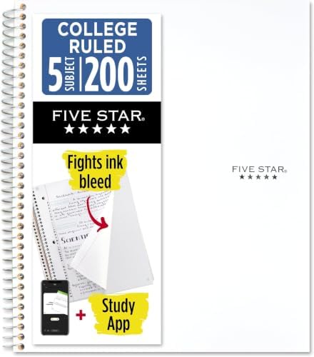 Five Star Spiral Notebook, 5 Subject, College Ruled | 8-1/2" x 11" | 200 Sheets | Water Resistant Cover | White | Pack of 6