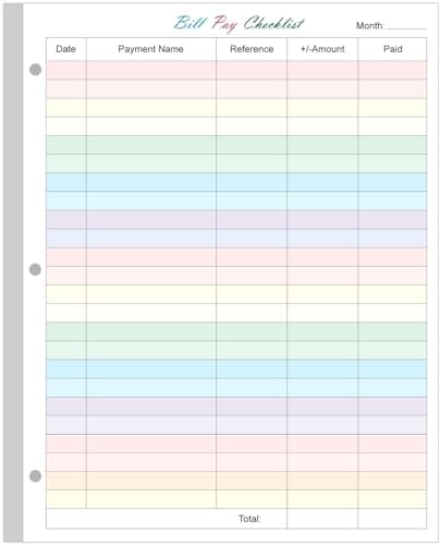 A4 Bill Payment Checklist Refills Paper - 3-Hole Punched Loose Leaf Budget Planner Refill, 50 Sheets/100 Pages Colorful Monthly Budget Forms, 100 gsm White Paper, 8.5" x 11"