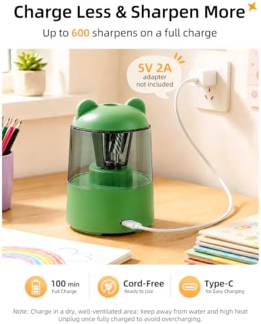 ZMOL Rechargeable Electric Pencil Sharpener for Colored Pencils Green