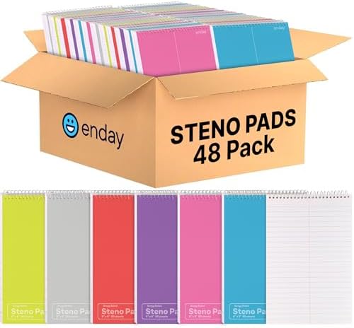 Enday 48 Pack Steno Pads Spiral 6 x 9 Gregg Ruled White Paper, 80 Sheets (160 Pages), Bulk Steno Notebooks for Writing Notes in Office, School, College, University, Colorful Covers