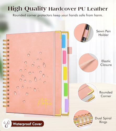 5 Subject Graph Paper Notebook with Removable Dividers Tabs, 300 Pages Hardcover Leather Grid Spiral Journal, 8"x10" B5 Large Graphing Notebooks for Women Men Work School College Engineering, Pink
