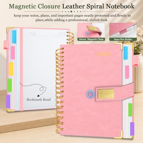 Hardcover Spiral Notebook 8.5''x 11'' College Ruled Notebook with Magnetic Closure, 300 Pages 5 Subject Notebooks with Pocket Dividers for Work School, A4 Leather Journal for Women, Men (Pink)