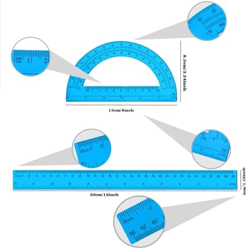 2 Packs 12 Inch Plastic Ruler and 6 Inch Plastic Protractor Set Clear Math Geometry Set Classroom Set Angle Detector School Supplies Classroom Ruler Home Office Drawings (Blue)