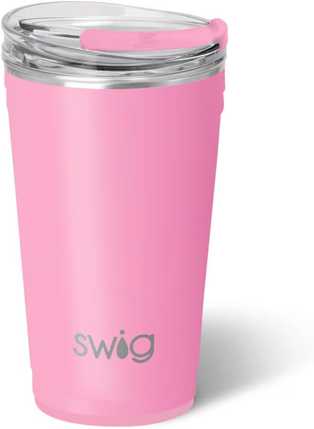 Swig Life 24oz Party Cup, Stackable Insulated Travel Coffee Tumbler with EZ Slider Lid, Cup Holder Friendly, Stainless Steel 24 oz Tumbler, Reusable Coffee Mug (Shimmer Bubblegum)