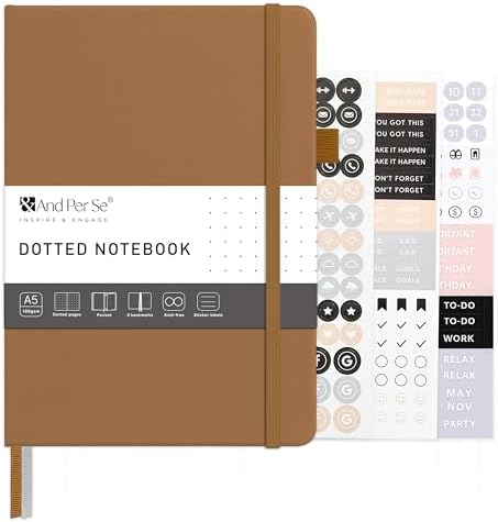&And Per Se Dotted Journal Notebook – A5 Hardcover, 160 Pages 100gsm Paper, Dot Grid Notebook for Planning & Creative Journaling, 3 Sticker Sheets Included (Light Brown)