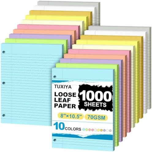 TUXIYA 1000 Sheets 10 Colored Loose Leaf Paper 8x10.5 College Ruled 3 Hole