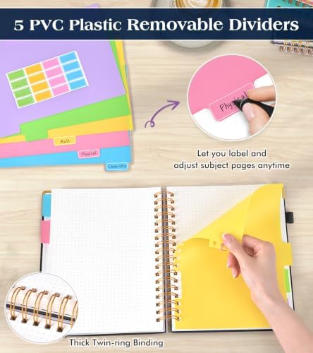 5 Subject Dotted Notebook with Removable Dividers Tabs, 300 Pages Hardcover Leather Dot Grid Spiral Journal, 8"x10" B5 Large Bullet Notebooks for Women Men Work School College Maths Sketching, Black