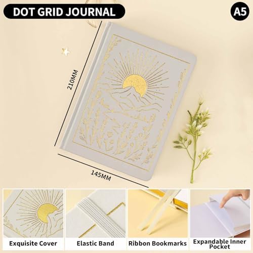Dot Grid Journal with 160GSM Thick Paper, 192 Pages, A5 Dotted Notebook for Work, School, Travel | 180° Lay Flat, Foil Stamped Cover, Elastic Band, 2 Bookmarks & Inner Pocket (White)