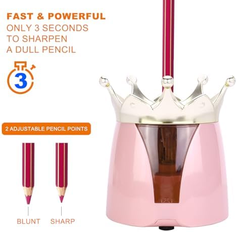 Automatic Electric Pencil Sharpener – 2AA Battery, Ideal for No.2 and Colored Pencils – Perfect for School, Home, Office, and Classroom Use – Crown Design (Pink)