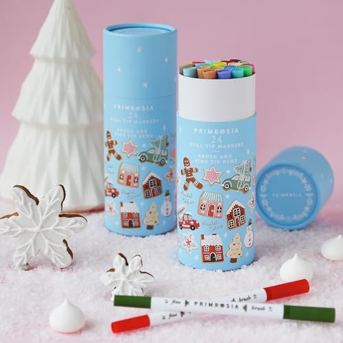 Primrosia 24 Dual Tip Marker Pens – Christmas Sugar Cookie Limited Edition Gift Pack. Pastel & Holiday Colours for Coloring, Journaling, Card Making, Tags & Creative Projects. Brush & Fine Tips