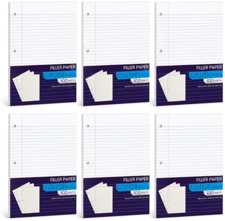 Notebook Paper College Ruled, Loose Leaf Paper College Ruled Notebook Filler Paper, Lined Filler Paper for 3 Ring Binders - 10.5” X 8", for College, School Classroom - 100 Sheets/Pack (6 Pack)