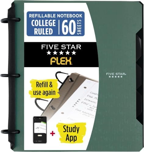 Five Star Flex Refillable Notebook + Study App,College Ruled Paper and 1 Inch TechLock Ring Binder with Pockets,Tabs and Dividers,200 Sheet Capacity,Seaglass Green (293280AQ8),(Pack of 6)