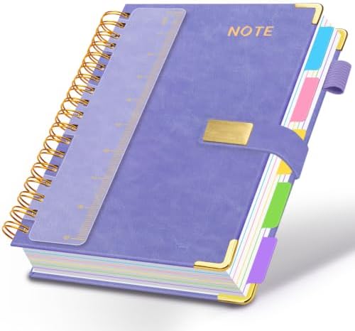 Hardcover Spiral Notebook 8''x 10'' College Ruled Notebook with Magnetic Closure, 300 Pages 5 Subject Notebooks with Pocket Dividers for Work School, B5 Leather Journal for Women, Men (Lilac Purple)