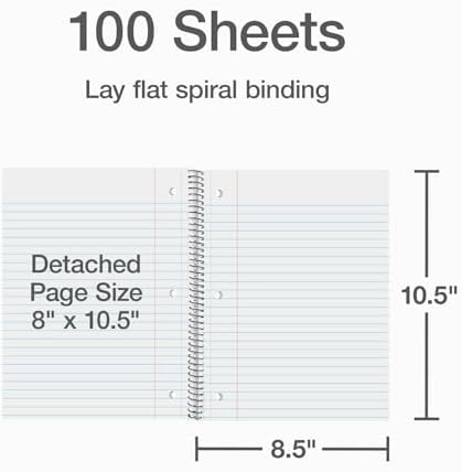 Oxford 1 Subject Spiral Notebook, Notebooks for School, Plastic Covers, Back to School Supplies, Wide Ruled, 100 Sheets, 5 Pack, Assorted Primary Colors: Black, Blue, Red, Green and Yellow (1009290)