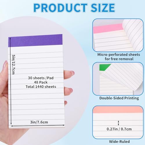 Oleitodh 48 Pack Mini Note Pads 3 x 5 Inch Lined Memo Pads Rainbow Colors