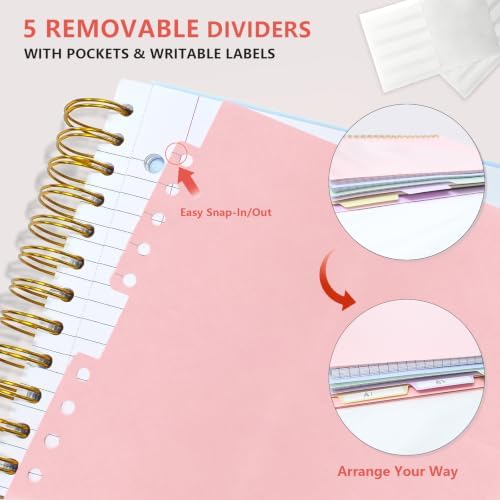 5 Subject Spiral Notebook, College Ruled, 150 Sheets, Pink Plastic Cover, 5 Movable Pastel Tab Dividers with Pockets, 3-Hole Punched, 75gsm Paper, Writable Stickers, Fits 8.5 x 11 in Paper