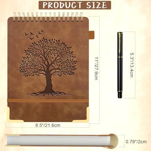 A4 Top Spiral Notebook, Tree Pattern Large Leather Hardcover Left Handed Journal, 240 Pages 100 Gsm Lined Paper Top Bound Steno Pads for Work, School, Travel Writing - Brown, 8.5" x 11"