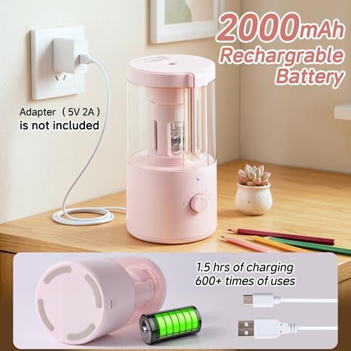 Deli Electric Pencil Sharpener, Fully Automatic Pencil Sharpener for 6.9-8mm No.2 & Colored Pencils, Auto in & Out, Rechargeable Hands-Free Sharpener for Classroom, Home, Office, Pink